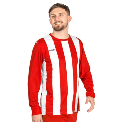 FORZA gestreiftes Langarmtrikot für Herren [XS-XXL] – Premium Langarm-Fußballtrikot | 5 Streifenfarboptionen (Weiß + Rot, M) von FORZA