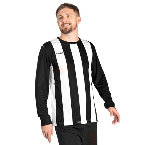 FORZA gestreiftes Langarmtrikot für Herren [XS-XXL] – Premium Langarm-Fußballtrikot | 5 Streifenfarboptionen (Weiß + Schwarz, S) von FORZA