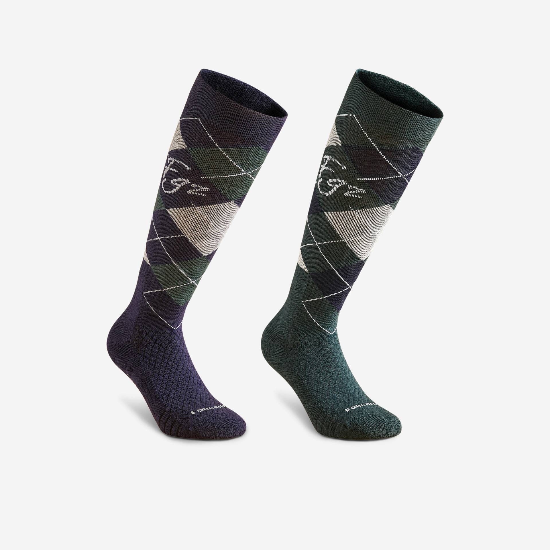 Reitsocken 500 Damen/Herren Grafik-Print dunkelblau/grün 2er-Set Reitsocken 500 Damen/Herren Grafik-Print dunkelblau/grün 2er-Set von FOUGANZA