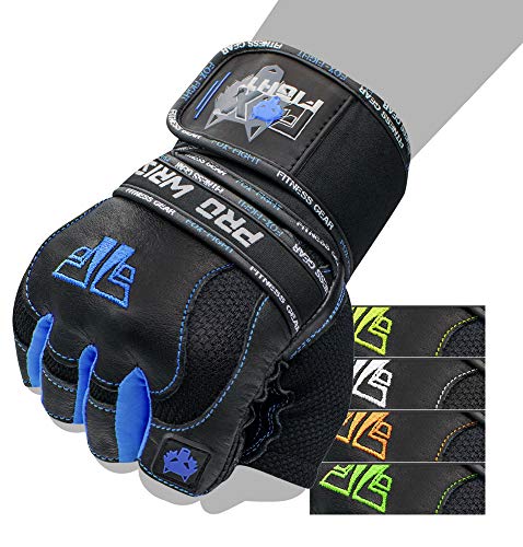 FOX-FIGHT Fitnesshandschuhe Trainingshandschuhe Kraftsport Damen Herren Leder Handschuhe Bodybuilding Sporthandschuhe mit Handgelenkbandage für Krafttraining Gewichtheben XL PRO Wrist blau von FOX-FIGHT