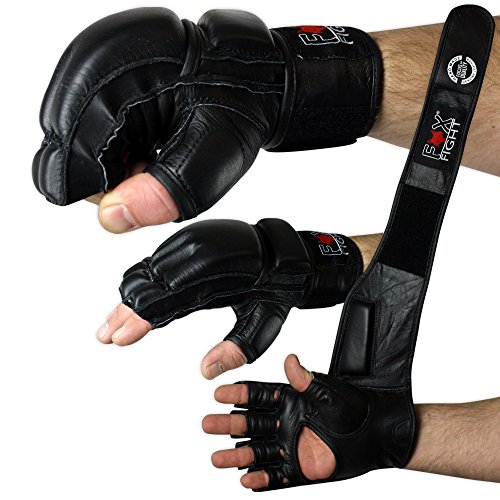 Freefight MMA Handschuhe professionelle hochwertige Qualität echtes Leder Boxhandschuhe Sandsack Training Sparring Muay Thai Kickbox Kampfsport BJJ Sandsackhandschuhe Gloves FOX-FIGHT schwarz, L von FOX-FIGHT