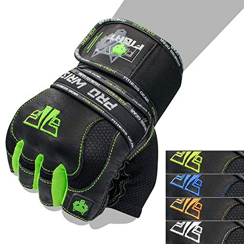 FOX-FIGHT PRO Wrist Green Fitness Kraftsport Leder Trainings Handschuhe Trainingshandschuhe Handgelenkbandage Kraftsporthandschuhe Krafttraining Gewichtheben Bodybuilding Damen Herren Fitnessstudio XL von FOX-FIGHT