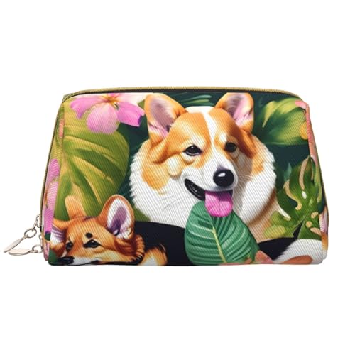 FREFLIG Kosmetiktasche mit Reißverschluss und tropischem Blumen- und Corgi-Druck, Reise-Kosmetik-Organizer, Lederaufbewahrungs-Kosmetiktasche, Tropische Blume und Corgi, Einheitsgröße von FREFLIG