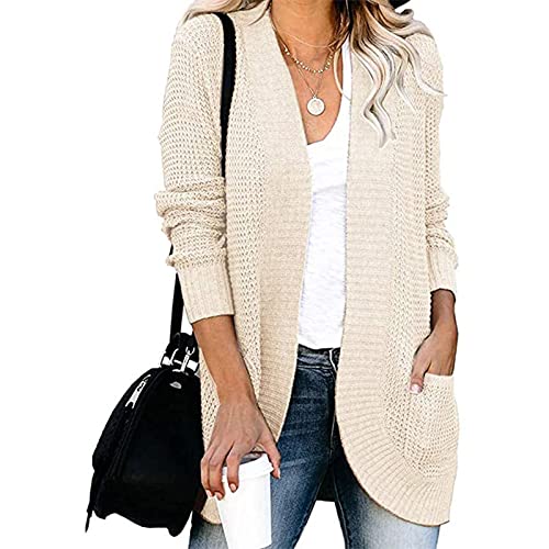 FRER Strickjacke Damen,Damen Cardigans Strickmantel Einfarbig Creme-Weiß Langarm Taschenpullover Übergröße Cardigan Leichter Pullover Weich Elegante Herbst-Winter-Jacke,M von FRER