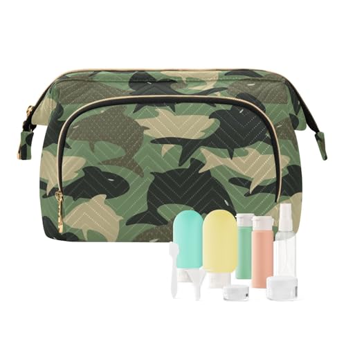 FRODOTGV Kulturbeutel mit Reißverschluss, Camouflage, Armee mit Haifisch-Silhouette, Grün, Kosmetiktasche, Make-up, Kosmetiktasche für Damen, Camouflage-Armee mit Hai-Silhouette, Grün, 1 Size von FRODOTGV