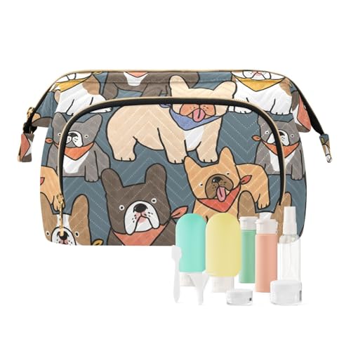 FRODOTGV Make-up-Tasche mit Cartoon-Motiv Französische Bulldogge, großes Fassungsvermögen, Reisekarte, Schlüssel-Organizer, Kosmetiktasche für Geldbörse, Cartoon-Design mit französischer Bulldogge, 1 von FRODOTGV