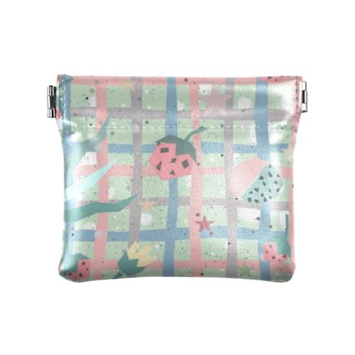 Kleine Geldbörse aus Leder, Erdbeere, niedlich, kariert, ausgefallener Verschluss, Kartenhalter für Mädchen, Frauen, Süßes Erdbeer-Plaid, 4.33"(L) x 3.74"(W) x 0.39"(H), Classic von FRODOTGV