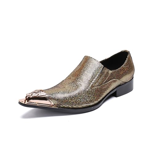 FSDIYU Anzugschuhe Herren, Herrenschuhe mit glänzender Metallspitze und kariertem Temperament, Schuhe für Hochzeiten, Partys, Bankette, Nachtclubs, Friseure, Bühnenuniformen und Büros, 40 EU,Gold von FSDIYU