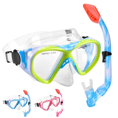 Schnorchelset Kinder - Taucherbrille Kinder mit Schnorchel Anti Leck Anti Fog HD Tauchmasken Dry Schnorchel für 4-13 Jahren Jungen Mädchen von FTSMTK