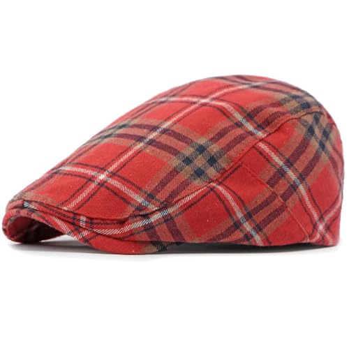 FULUJIDI Barett Baskenmützen Baskenmütze Männer Frauen Vintage Plaid Flat Cap Für Männer Frauen Retro Verstellbare Beret Hut 55-59Cm Rot von FULUJIDI