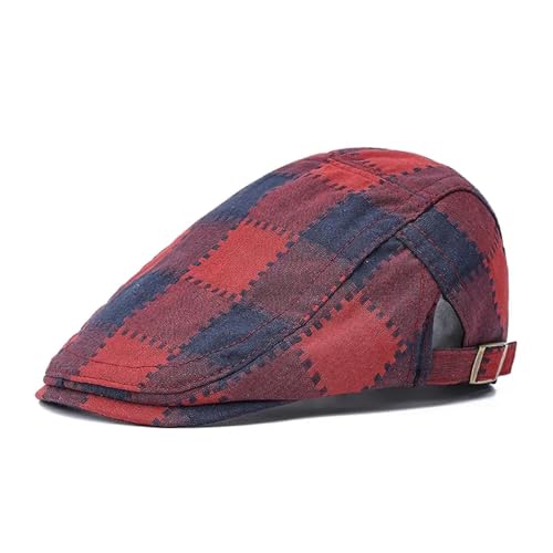 FULUJIDI Barett Baskenmützen Baumwolle Plaid Newsboy Caps Flache Mütze Männer Und Frauen Maler Beret Hüte 55-60Cmverstellbar Rot von FULUJIDI