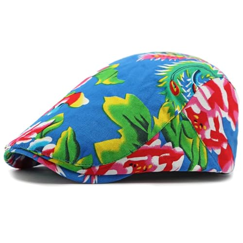 FULUJIDI Barett Baskenmützen Beret Für Männer Frauen Blumen Bedruckt Beret Cap Vintage Künstler Maler Beret Hut Verstellbare Flache Kappe Männer 55-59Cmverstellbar Blau von FULUJIDI