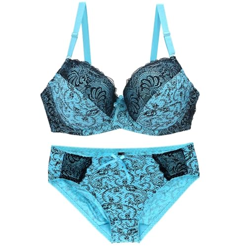 FULUJIDI Damen-BH Bra Sexy BH-Set Spitze Blume Push-Up BH Unterwäsche Set Große Größe Under 85C Blau von FULUJIDI