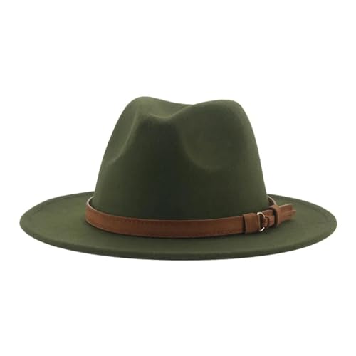 FULUJIDI Fedora Trilby Filzhut Hut Fedora Hüte Für Frauen Männer Breite Krempe Solide Frauen Hüte Band Gürtel Klassische Formale Kleider Hüte 56-58Cm (Erwachsene) ArmyGreen von FULUJIDI