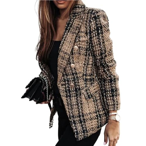 FULUJIDI Jacke Jacken Damen Blazer Plaid Print Revers Langarm Blazer Dicke Zweireihige Strickjacke Formal Business Mantel Für 2XL Darkkhaki von FULUJIDI