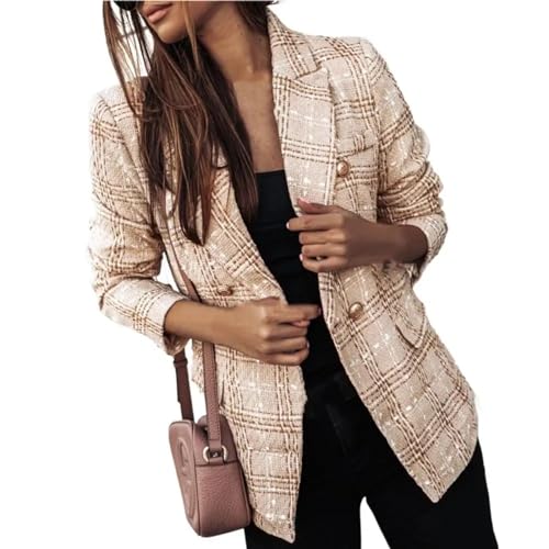 FULUJIDI Jacke Jacken Damen Blazer Plaid Print Revers Langarm Blazer Dicke Zweireihige Strickjacke Formal Business Mantel Für M Beige von FULUJIDI