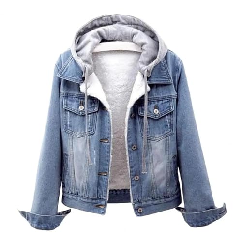 FULUJIDI Jacke Jacken Damen Jacke Mit Kapuze Lange Ärmel Abnehmbare Mütze Warm Halten Mantel Plus Größe Plüsch Denim Mantel Für Den Täglichen Gebrauch 3XL Light Blue von FULUJIDI