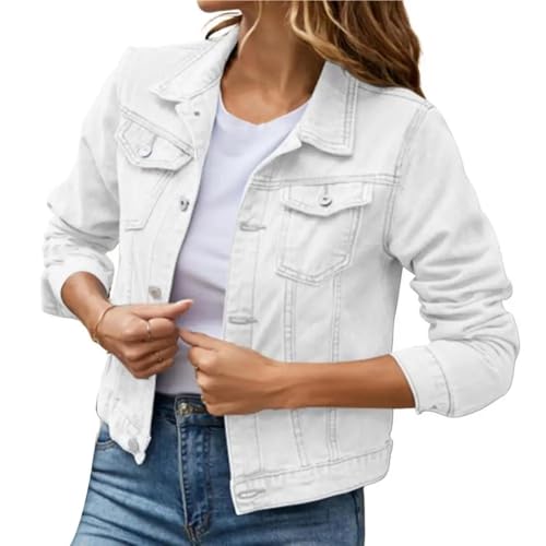 FULUJIDI Jacke Jacken Damen Jeans Jacke Einreihig Einfarbig Revers-Klappe-Taschen Strickjacken Slim Fit Damen Mantel M Weiß von FULUJIDI