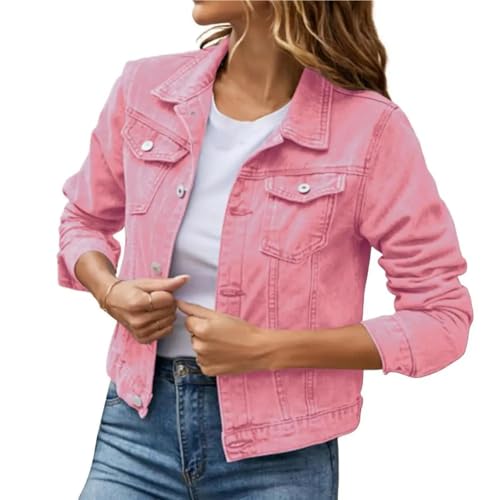 FULUJIDI Jacke Jacken Damen Jeans Jacke Einreihig Einfarbig Revers-Klappe-Taschen Strickjacken Slim Fit High Street Damen Mantel S Pink von FULUJIDI