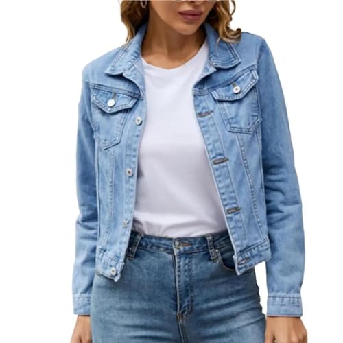 FULUJIDI Jacke Jacken Damen Jeans Jacke Einreihige Einreihige Einfarbige Revers-Klappe-Taschen Strickjacken Slim Fit Damen Mantel S Light Blue von FULUJIDI