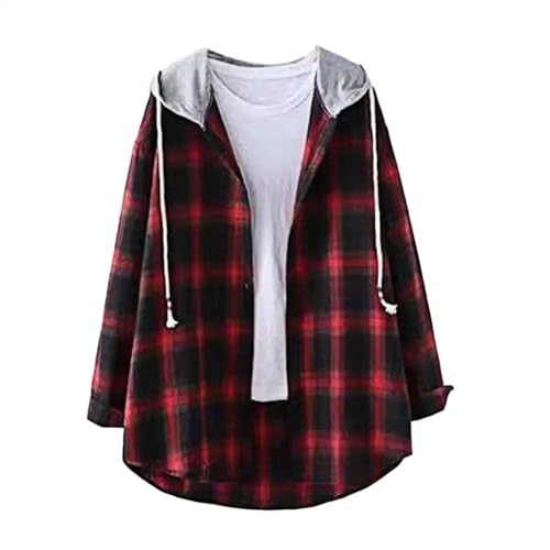 FULUJIDI Jacke Jacken Frauen Hoodie Mantel Mit Plaid Print Lose Kapuze Lange Ärmel Mit Kordel Zug Einreihige Knöpfe Jacke Für Täglich L Rot von FULUJIDI