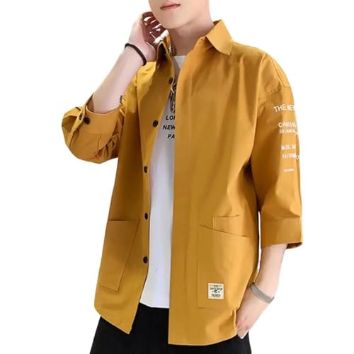 FULUJIDI Jacke Jacken Herren Hemd Lose Strickjacke Umdrehen Kragen Jacke DREI Viertel Ärmel Stil Freizeit Cargo Shirt Mantel 2XL Gelb von FULUJIDI