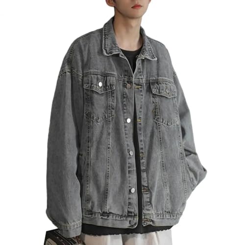 FULUJIDI Jacke Jacken Herren Jacke Denim Retro Hip Hop Style Lose Lang Ärmel Ige Oberbekleidung Revers Multi Taschen Lässige Streetwear Plus Größe Herren Mantel XL Grau von FULUJIDI