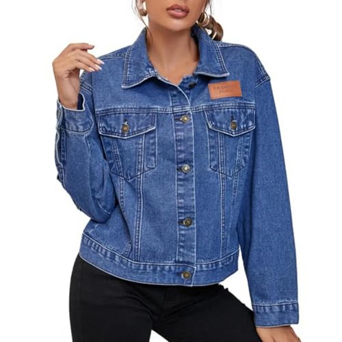 FULUJIDI Jacke Jacken Lose Jeans Jacke Mit Umdrehung Kragen Für Damen Einreihige Damen-Freizeit Kleidung Für Damen Jean-Mäntel S Blau von FULUJIDI