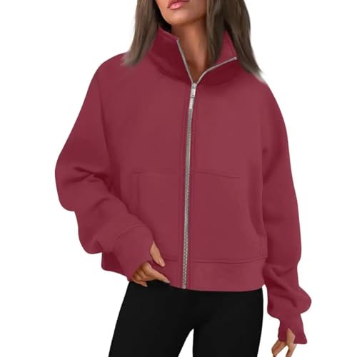 FULUJIDI Jacke Jacken Sweatshirt Mit Reiß Verschluss Damen Vintage-Mode Streetwear Crop Jacke Tops Sweatshirt Damen Bekleidung S WineRed von FULUJIDI