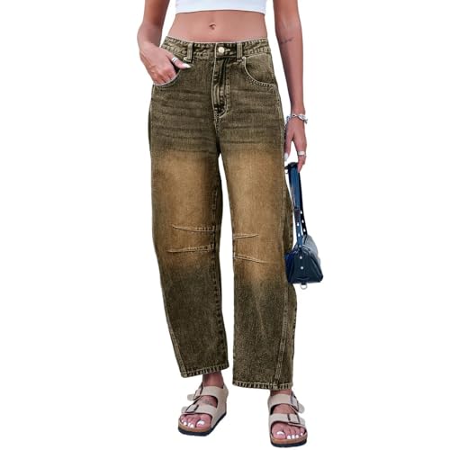 FULUJIDI Jeans Pantalon Jeanshosen Baggy Boyfriend Jeans Mit Taschen Mid Rise Barrel Jeans Für Frauen Weite Bein Mit Mittlerer Taille Kurze Jeans Hose Damen Jeans L Braun von FULUJIDI