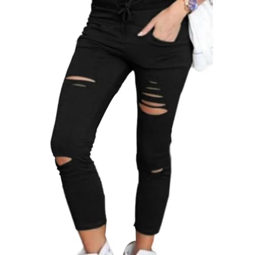 FULUJIDI Jeans Pantalon Jeanshosen Damen Hose Einfarbig Kordel Zug Mit Hoher Taille Bleistift Hose Zerrissene Dünne Leggings Damen Freizeit Hose Damen Bekleidung 3XL Schwarz von FULUJIDI