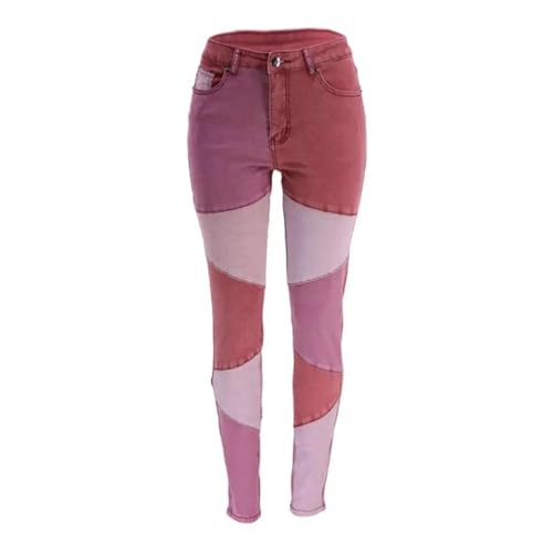 FULUJIDI Jeans Pantalon Jeanshosen Damen Jeans Farb Block Mit Mehreren Taschen Mit Reiß Verschluss Damen Jeans Mit Hoher Taille Denim Bleistift Hose Streetwear M Purplishred von FULUJIDI