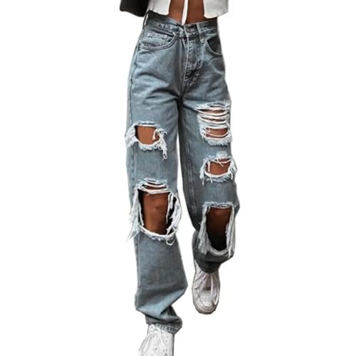 FULUJIDI Jeans Pantalon Jeanshosen Damen Jeans Mit Reiß Verschluss Breite Bein Knopf Vorne Hohe Taille Mit Taschen Täglich Tragen Frauen Loose Fit Jeans M Light Blue von FULUJIDI