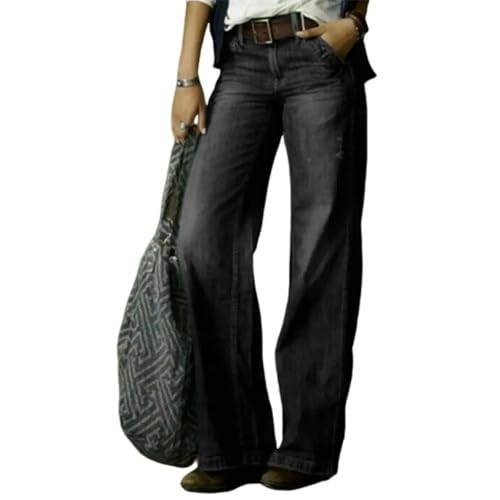 FULUJIDI Jeans Pantalon Jeanshosen Damen Jeans Mit Weitem Bein Vintage-Inspirierte Damen-Straight-Jeans Mit Verzweifelten Details Mehrere Taschen In Der Mittleren Taille L Schwarz von FULUJIDI