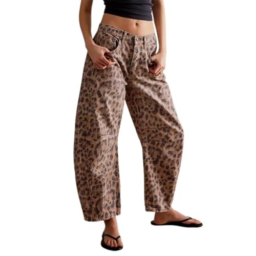 FULUJIDI Jeans Pantalon Jeanshosen Damen Loose Hose Damen Jeans Taschen Mit Weitem Bein Knopf Einfarbig Lose Neunte Hose In Einfarbiger Hose L Leopard von FULUJIDI