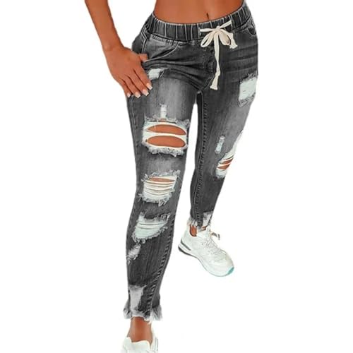 FULUJIDI Jeans Pantalon Jeanshosen Damen Stretch Skinny Ripped Loch Gewaschene Denim Mom Jeans Weiblich Slim Jeggings Hohe Taille Bleistift Hose Hose 3XL Grau von FULUJIDI