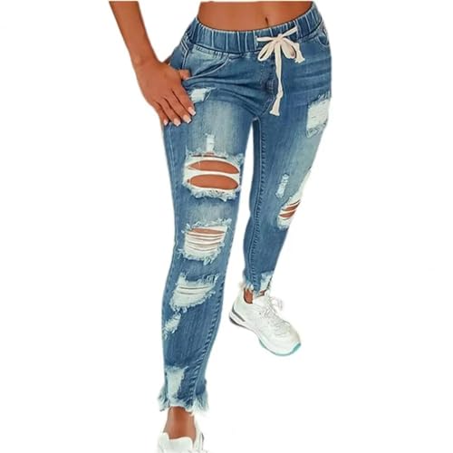 FULUJIDI Jeans Pantalon Jeanshosen Damen Stretch Skinny Ripped Loch Gewaschene Denim Mom Jeans Weiblich Slim Jeggings Hohe Taille Bleistift Hose Hose 4XL Light Blue von FULUJIDI