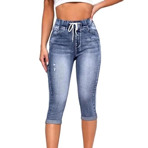 FULUJIDI Jeans Pantalon Jeanshosen Denim Jeggings 3/4 Kurze Jeans Hosen Leggings Hohe Taille Vintage Mom Hose XXL Navyblue von FULUJIDI