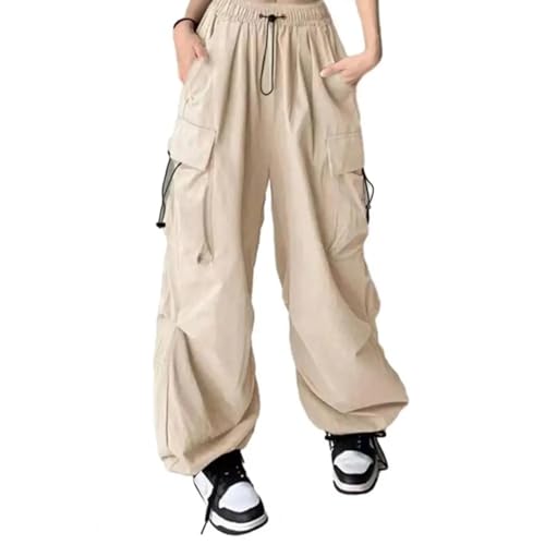 FULUJIDI Jeans Pantalon Jeanshosen Frauen Cargo Hosen Hohe Taille Multi Taschen Schnelltrocknende Frauen Hosen Kordelzug In Voller Länge Hip Hop Streetwear Lady Hosen L Aprikot von FULUJIDI