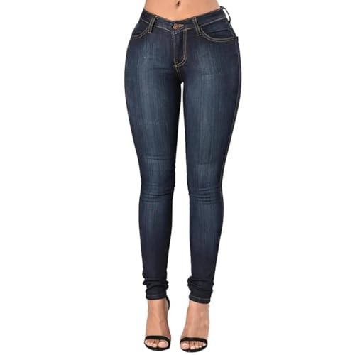 FULUJIDI Jeans Pantalon Jeanshosen Vintage Damen Jeans Slim Fit Mit Hoher Taille Denim Bleistift Hose Anziehbare Röhrenjeans Blaue Damen Hose M Dunkelblau von FULUJIDI