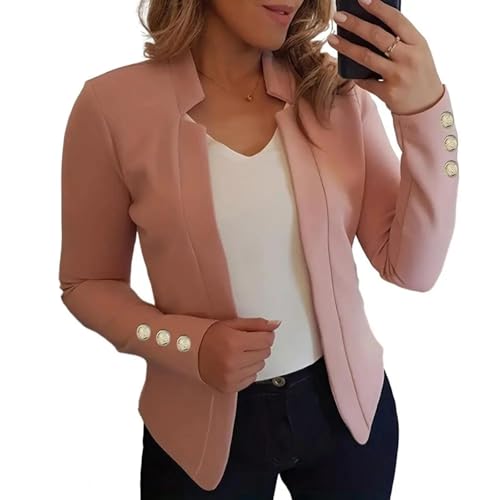 FULUJIDI Strickjacke Pullover Cardigan Damen Anzug Mantel Gekerbt Kragen Langarm Anzug Jacke Slim Fit Offene Front Casual Business 2XL Pink von FULUJIDI