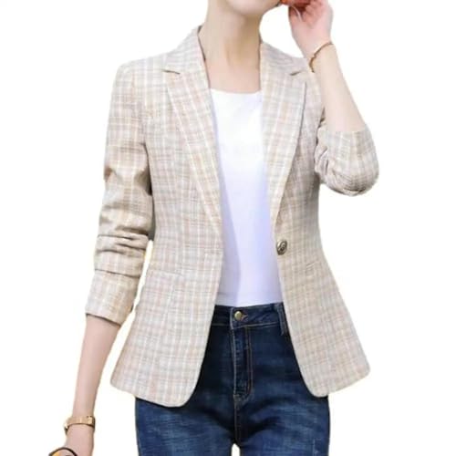 FULUJIDI Strickjacke Pullover Cardigan Damen Blazer Plaid Print Kontrast Farbe Umtauch Kragen Strickjacke Langarm Warmer Business Anti-Falten-Mantel Für Arbeit 3XL Aprikose von FULUJIDI