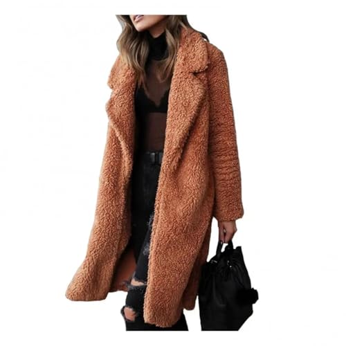 FULUJIDI Strickjacke Pullover Cardigan Damen Dicken Plüsch Revers Einfarbig Langarm Warm Mantel Samt Lange Mantel Mode Damen Kleidung XL Braun von FULUJIDI