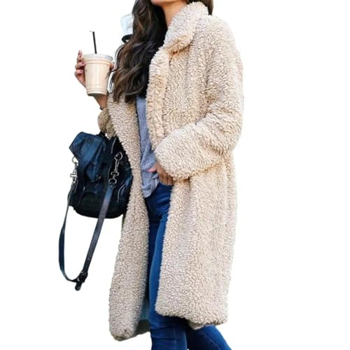 FULUJIDI Strickjacke Pullover Cardigan Damen Dicken Plüsch Revers Einfarbig Langarm Warmer Mantel Samt Lange Mantel Mode Damen Kleidung M Aprikose von FULUJIDI