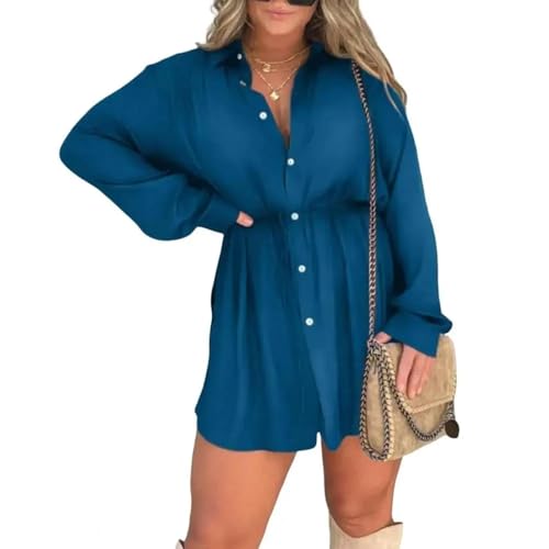 FULUJIDI Strickjacke Pullover Cardigan Damen Hemd Kleid Reine Farbe Lang Ärmel Iges Schnürung Kleid Strand Mode XL Blau von FULUJIDI