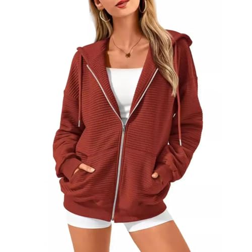 FULUJIDI Strickjacke Pullover Cardigan Damen Hoodie Mantel Mit Kordel Zug Kapuze Reiß Verschluss Lange Ärmel Einfarbig Taschen Für Loose L Brickred von FULUJIDI