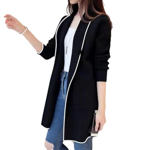 FULUJIDI Strickjacke Pullover Cardigan Damen Jacke Mit Offenem Stich Langarm Mittellang Lose Revers Lady Warm Mantel XL Schwarz von FULUJIDI