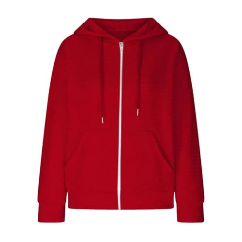 FULUJIDI Strickjacke Pullover Cardigan Damen Kapuzen Pullover Mit Reiß Verschluss Mode Strickjacke Mit Langen Ärmeln Lässig Kapuzen Mantel L Rot von FULUJIDI