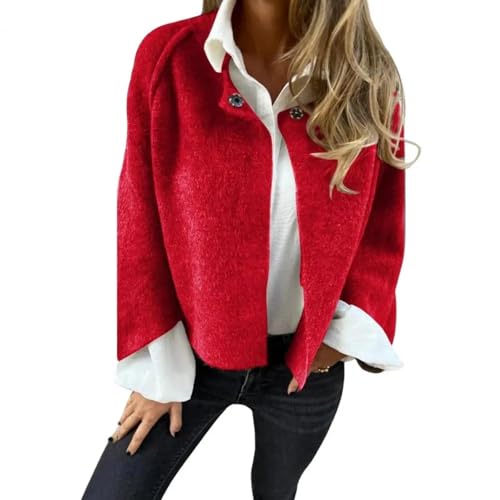 FULUJIDI Strickjacke Pullover Cardigan Damen Kurz Mantel Lose Langarm Einfarbig Jacke Outdoor Mantel 3XL Rot von FULUJIDI