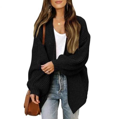 FULUJIDI Strickjacke Pullover Cardigan Damen Laterne Langarm Pullover Vorne Offen Einfarbig Mittellang Strick Mantel Streetwear M Schwarz von FULUJIDI